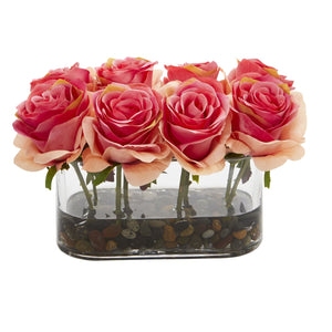5.5” Blooming Roses in Glass Vase Artificial Arrangement-Faux Plant-Nautical Decor and Gifts