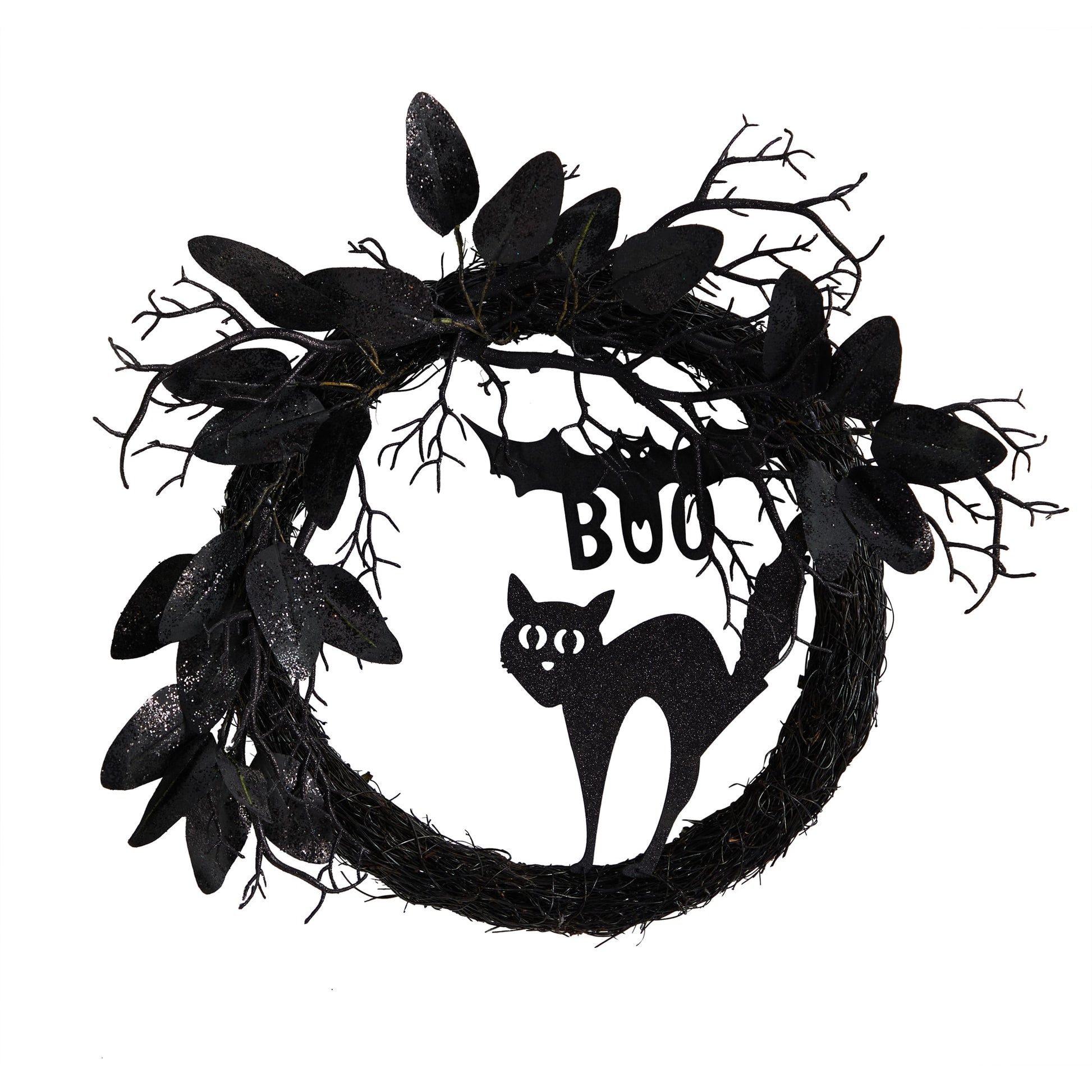 22” Halloween Black Cat and Bat Boo Twig Wreath-Nautical Decor and Gifts