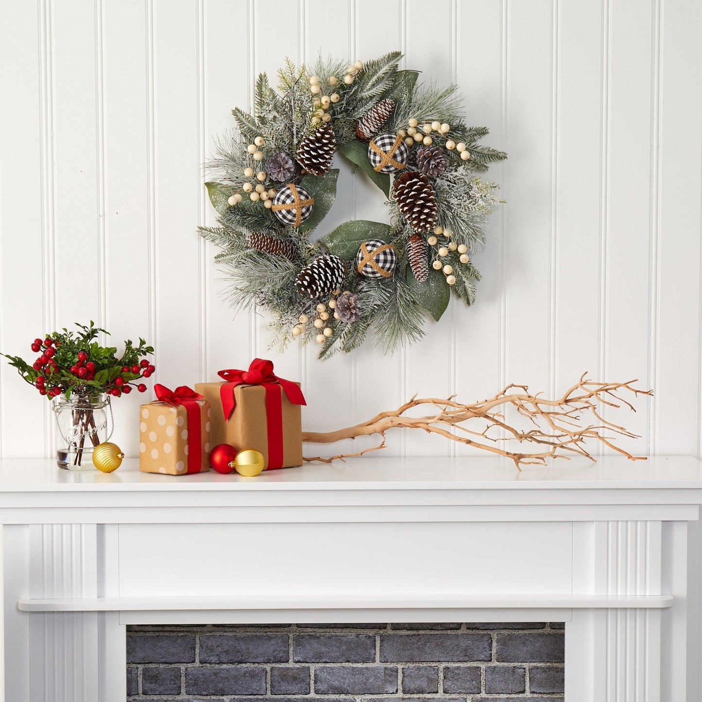 24” Snow Tipped Holiday Artificial Wreath With Berries, Pine Cones And Ornaments-Nautical Decor and Gifts